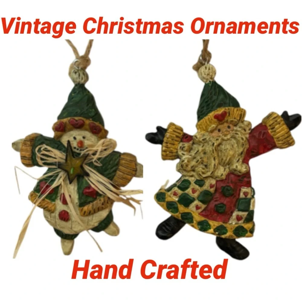 Whimsical Christmas Ornaments Hand Crafted Vintage Snowman Santa 2 Pc Set Red